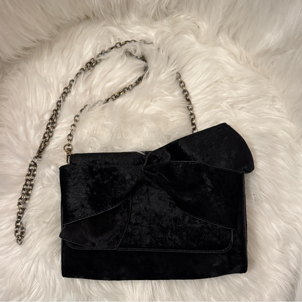 Anthropologie Black Bow Velvet Clutch/ Crossbody Bag